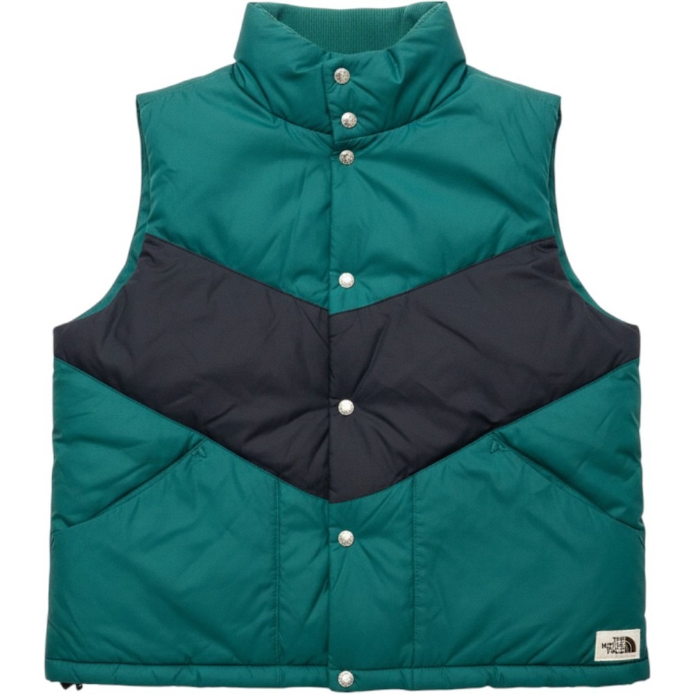 The North Face Puffer Vest Womens Large Green Navy Colorblock Chevron Snap Front